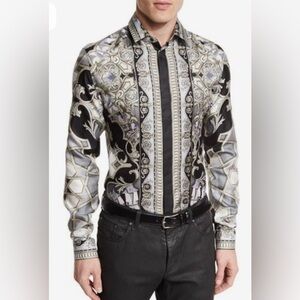 Versace Barocco Print Black, White & Gray Graphic Silk Shirt Size 44EU/17.5/XL